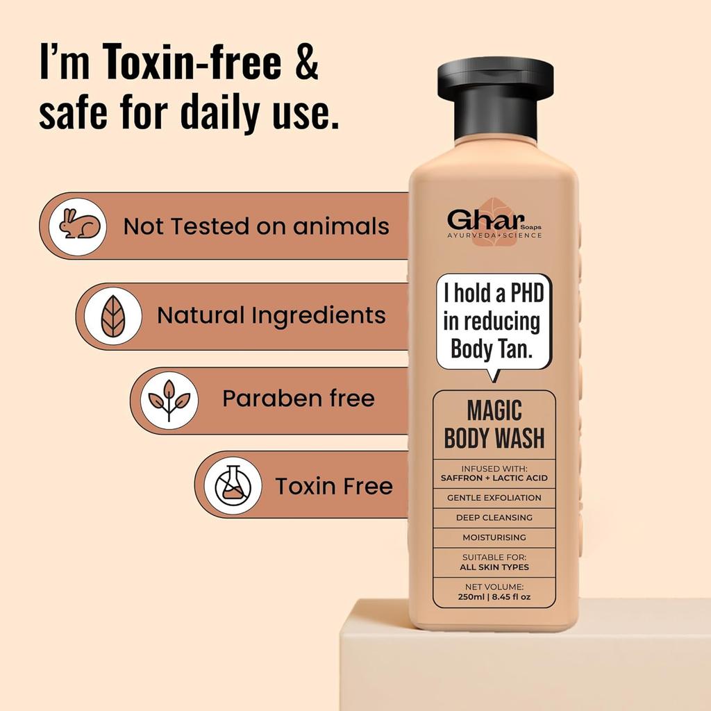 Ghar Soaps Magic De-Tan Body Wash 250ml Pack of 1 | Exfoliating Tan Removal Shower Gel for Smooth Bright Skin