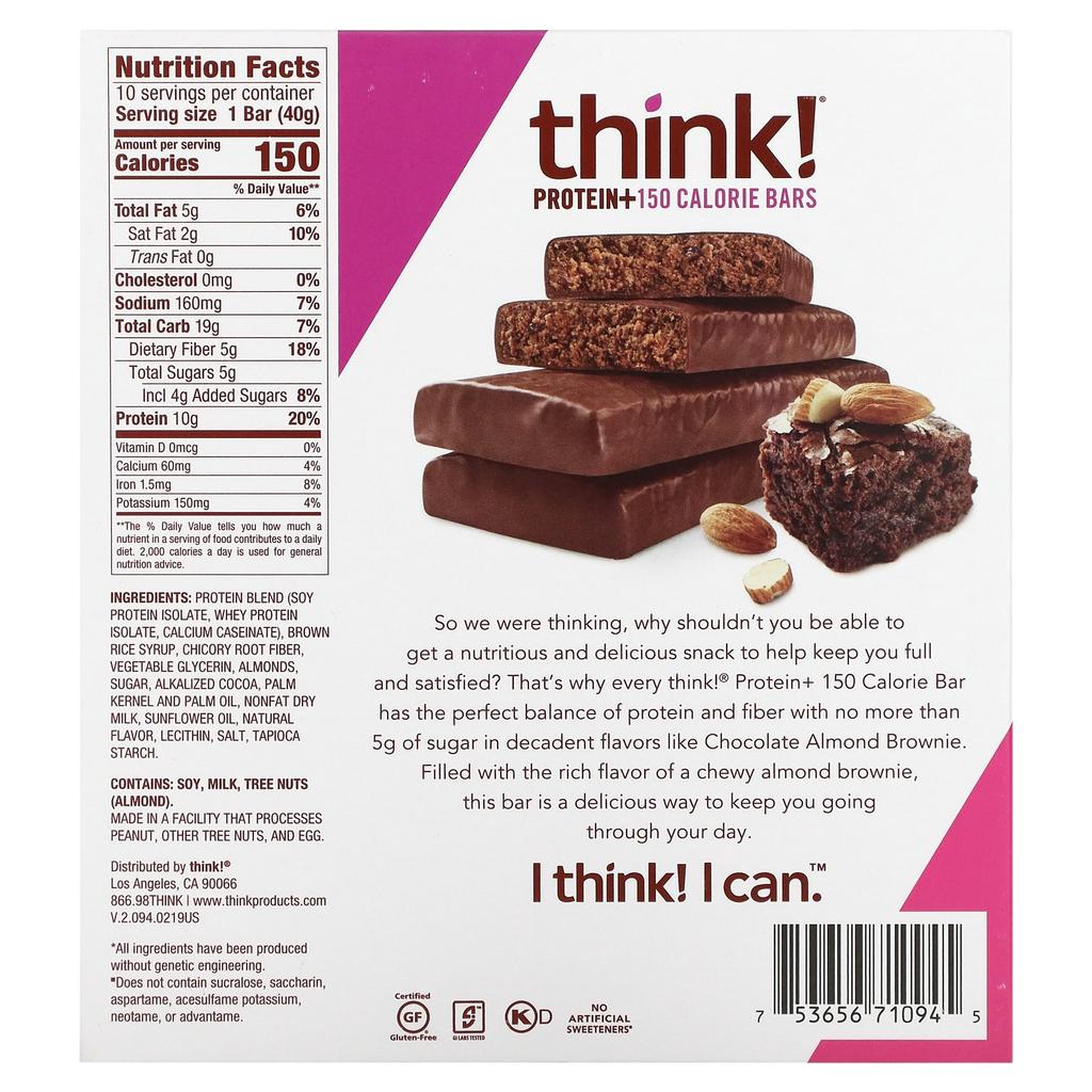 Think!, Protein & Fiber Bars, Chocolate Almond Brownie, 10 Bars, 40 G (1.41 Oz) Each