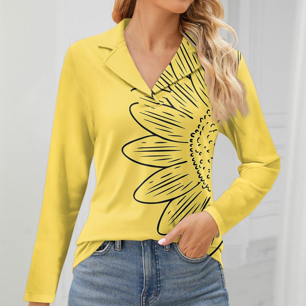 Women's Fashion Leisure Long Sleeve V Neck Flower Printing Top