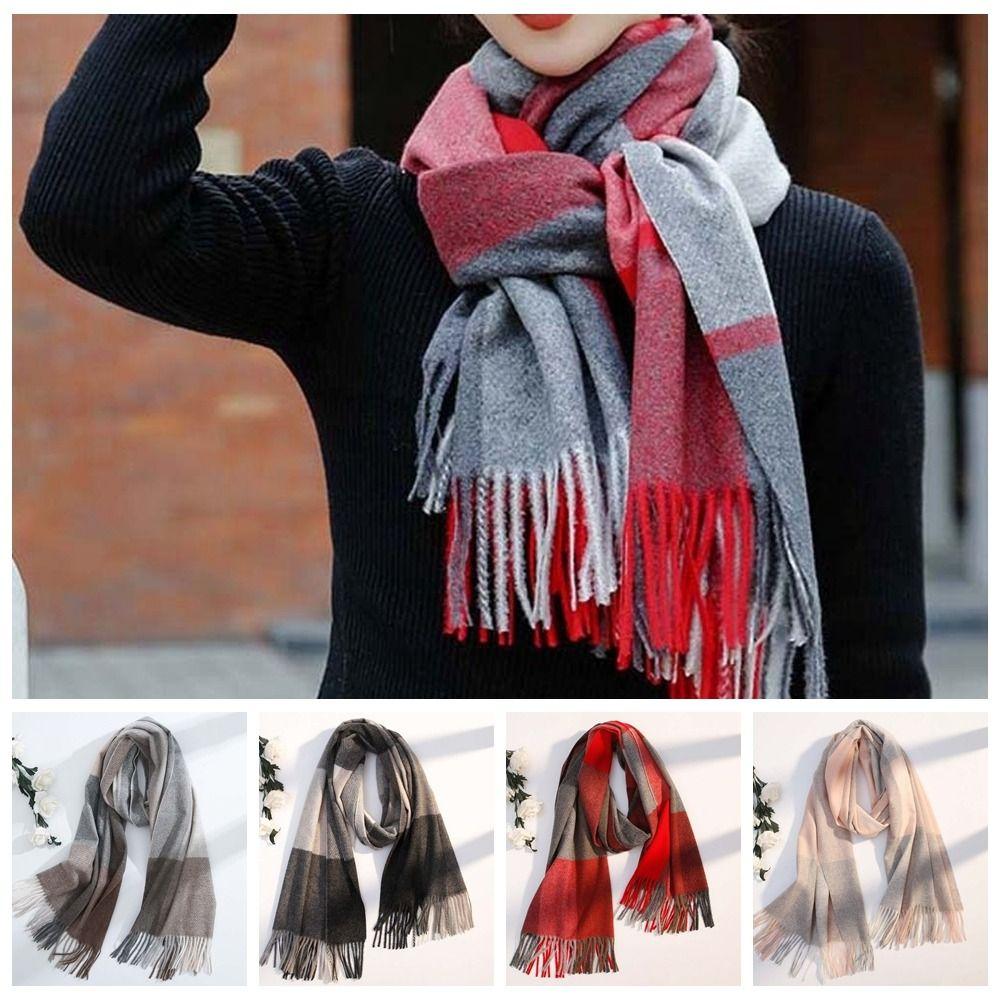 Wool Knitted Wool Scarf Polyester Long Neckscarf with Tassel Large Classic Plaid Scarf Men