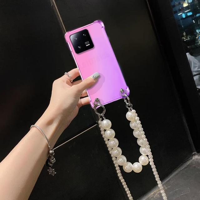 Чехол-ремешок для телефона с цепочкой из жемчуга через плечо для Xiaomi 14T Pro 14 CIVI 13T 14 13 Lite Ultra Redmi 14C Прозрачный градиентный противоударный силиконовый чехол