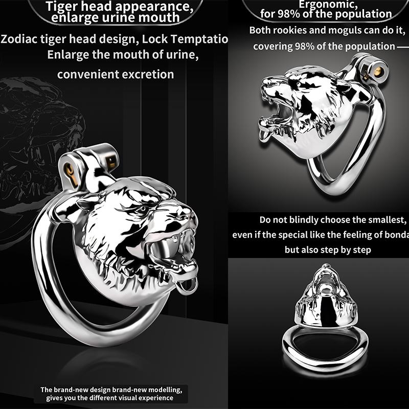 FRRK Tiger Series Cock Cages Key Holder Couples Flirting Cage with Bell Stainless Steel Chastity Locks Penis Bondage Accessories