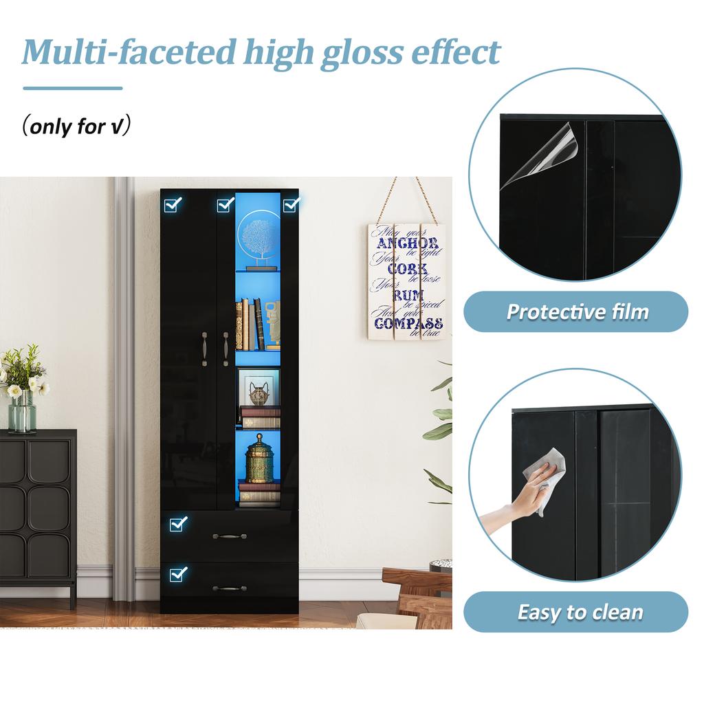 LED-Lit Display Cabinet, 2 Doors, Floor-Standing, Transparent Door, Freestanding, Living Room, Living Room Wall, Buffet Cabinet, Black