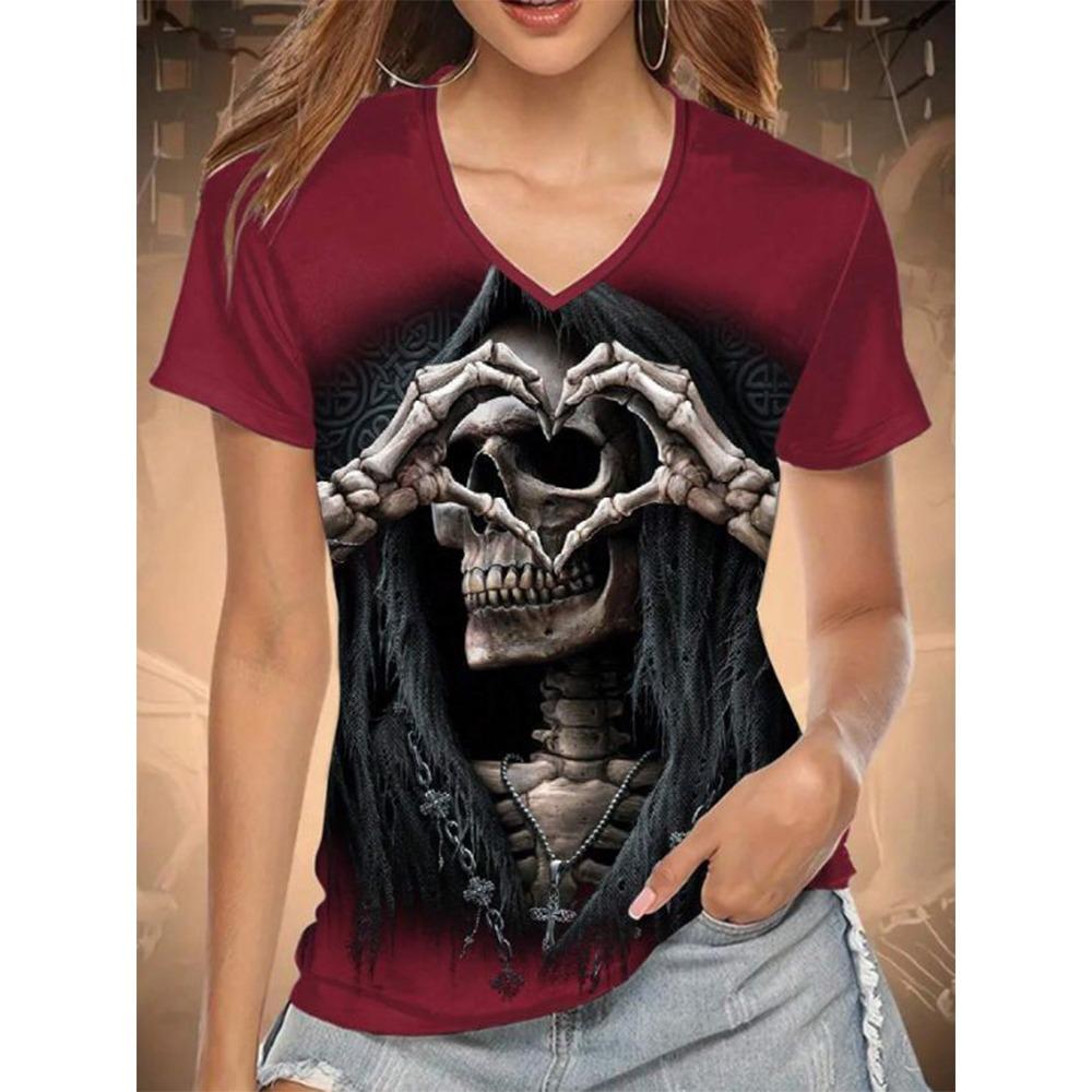 Chic Skull Black T-shirt Women's V Neck Short Sleeve Summer Casual Print T-shirt Pullover