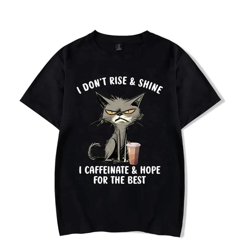 Black Cat Drink Coffee Hope All Is Well Pattern Printed T-shirt Men Fashion Trend Clothing Large High Quality Cotton top#Color(1)