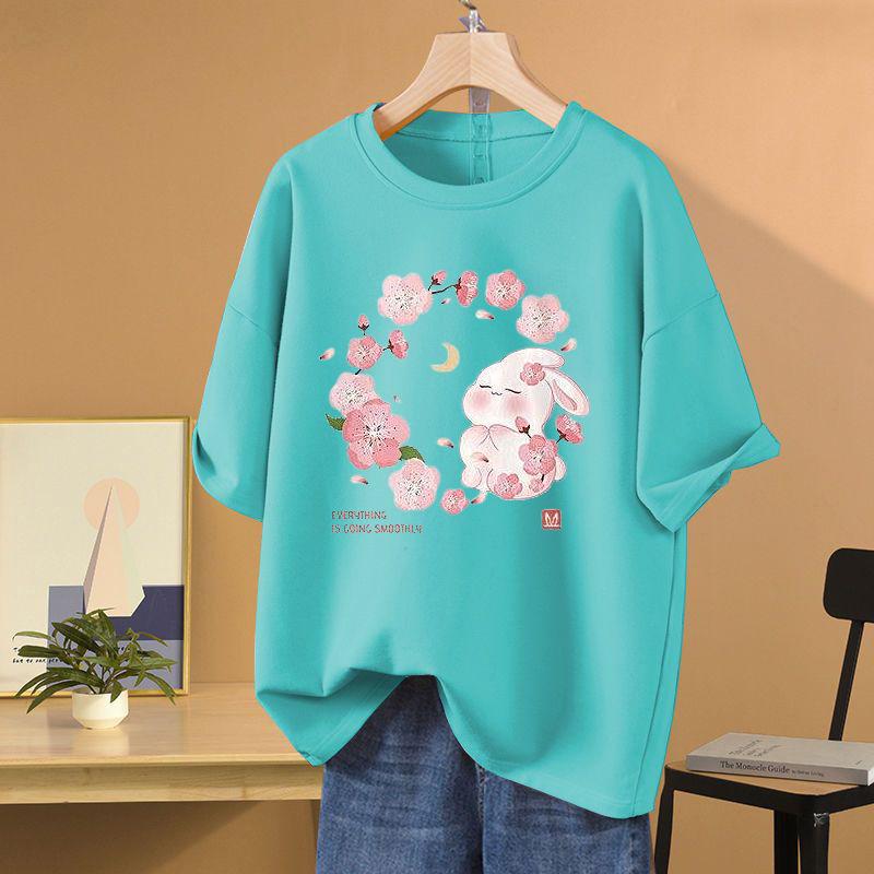 Летний повседневный топ из чистого хлопка с коротким рукавом и круглым вырезом, футболка с принтом мультяшного кролика, базовый пуловер S-5XL