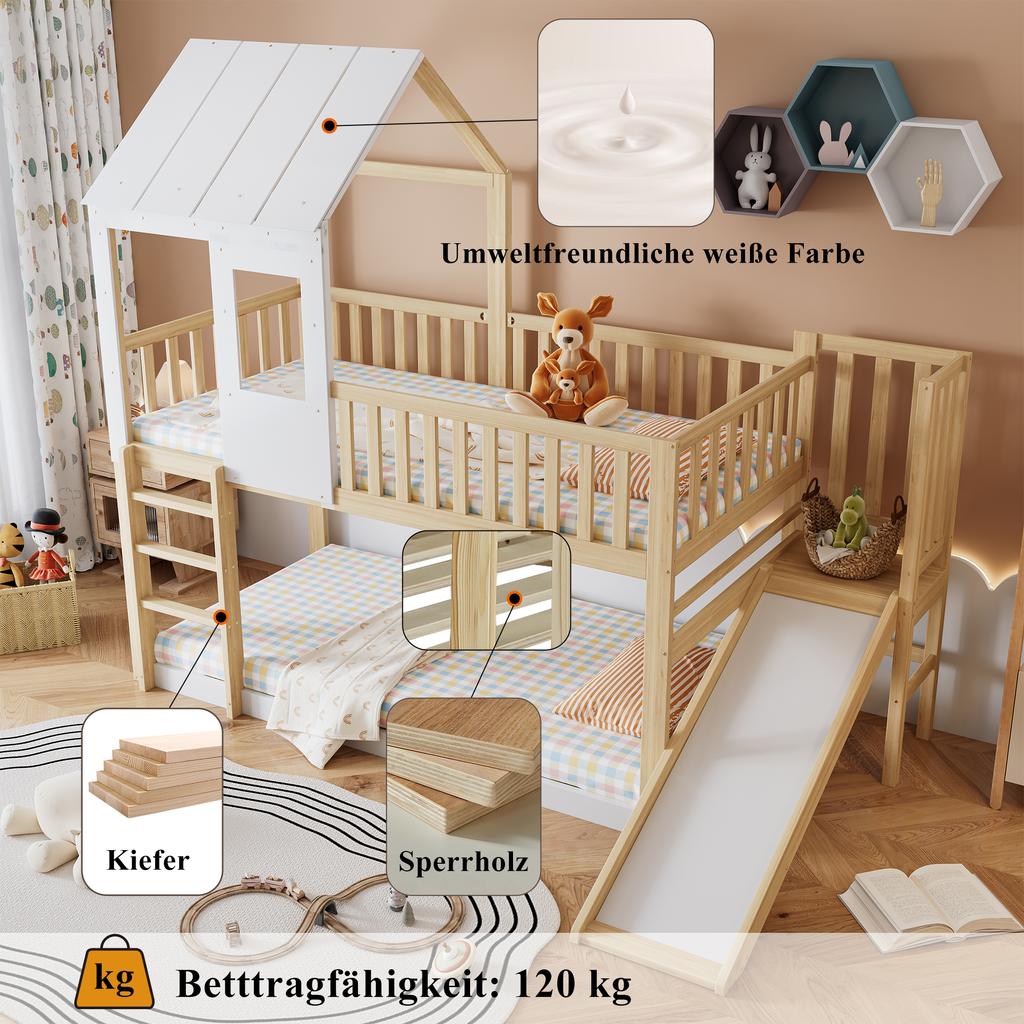 Bunk Bed with Right-Angle Ladder and Slide, with Roof and Window, with Fall Protection and Guardrail, Pine Frame, Natural+White (90x200cm)