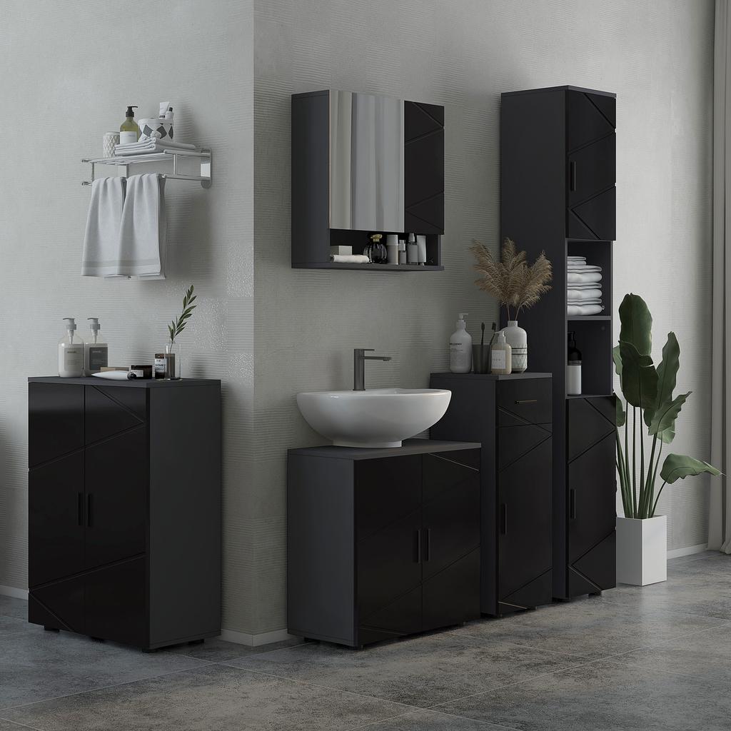 Bathroom Cabinet in Chipboard with Drawer and 2-Level Adjustable Cupboard, 30x30x82 cm, Black and Grey