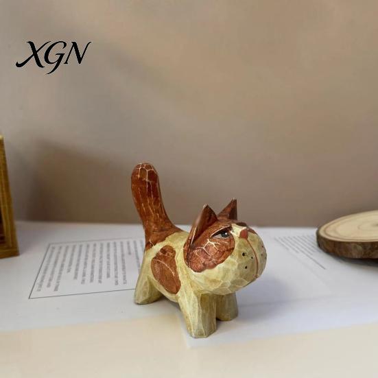 Unique Handcrafted Cat Decor Tabby Wood Figurine with Painting, Hand Carved Basswood Decorative Car Accessories Statue, Animal Art Ornament