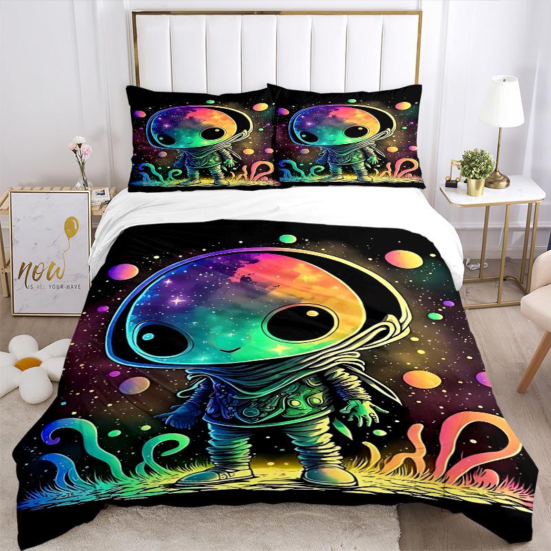3pcs Colorful Galaxy Alien Comforter Set with Two Pillowcases (No Core), Bedroom Decor and Guest Room Accessories, Ideal Gift for Home Decoration