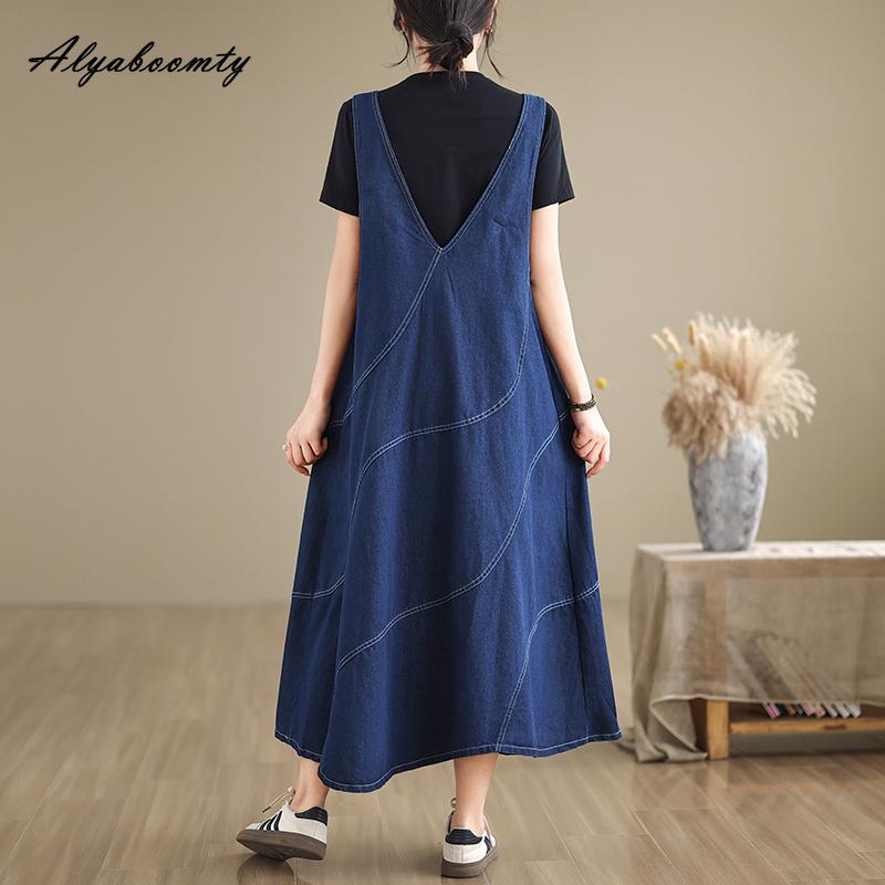 Корейский стиль плюс размер женский синий джинсовый сарафан подтяжки повседневное свободное однотонное платье миди без рукавов мешковатое универсальное платье с карманами