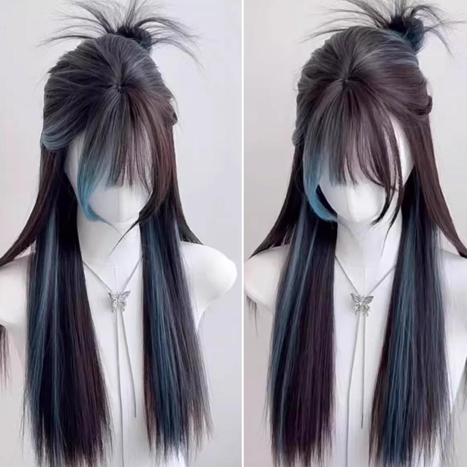 WTB Синие пряди Длинный прямой синтетический парик Женский Длинные волосы Коричневый Черный пряди Синий Пушистый Регулируемый Длинный прямой парик