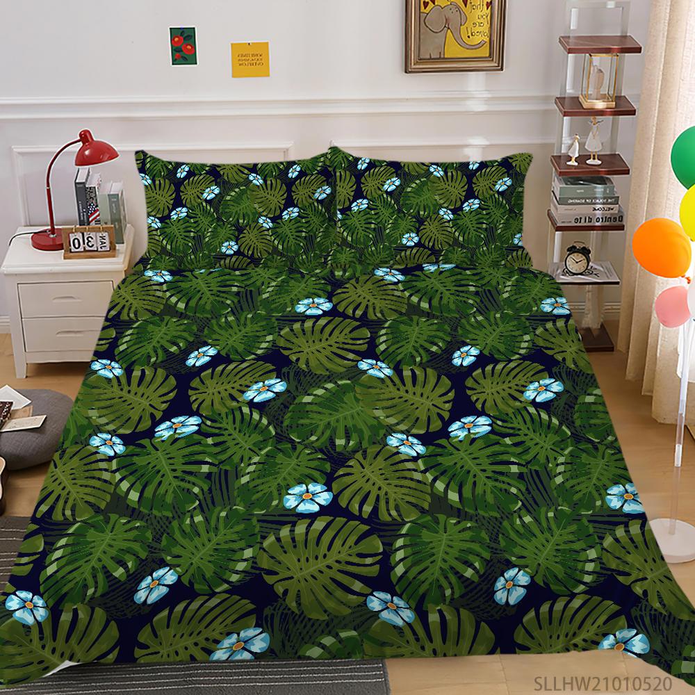3D Green Leaf Bedding Plant Down Quilt Cover and Pillowcase 2 or 3 Pieces of Microfiber Fabric with Zipper Washable Super Soft Home Decoration