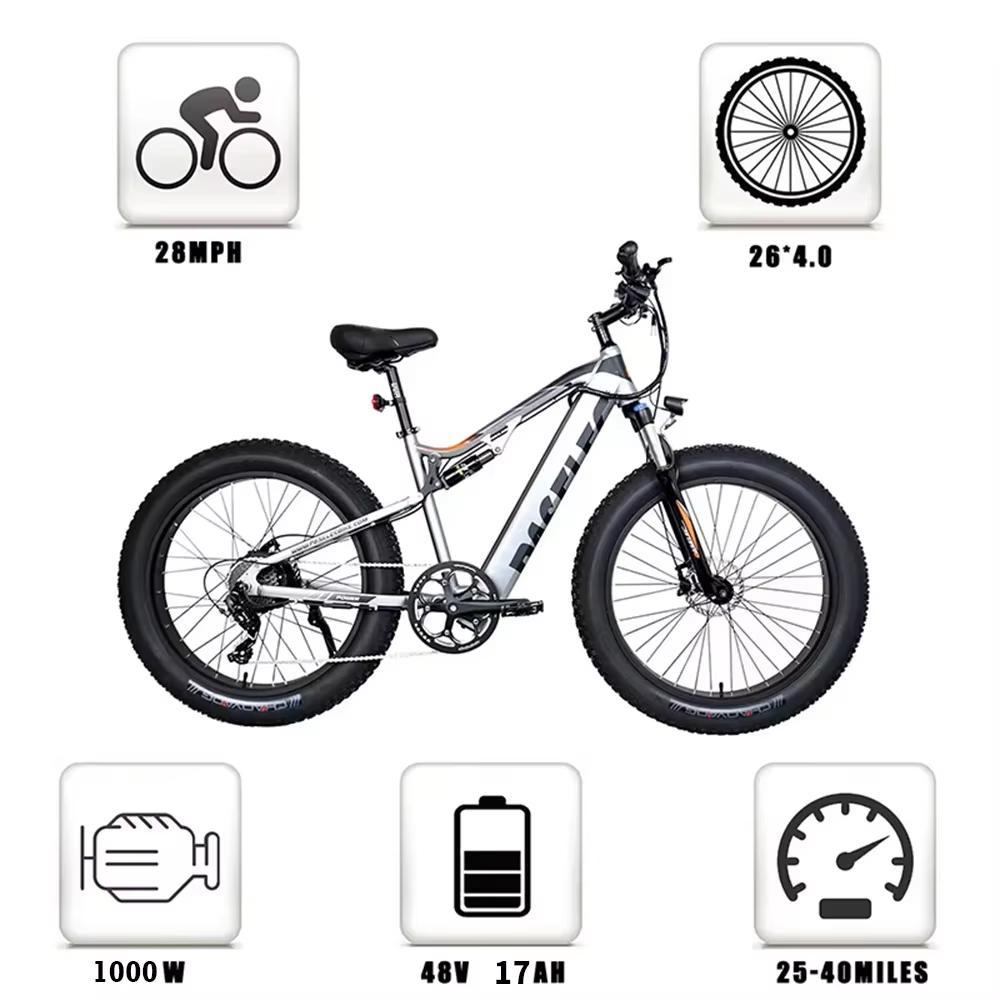 Электрический горный велосипед для взрослых, GS9 Plus, 1000 Вт, 4.0 Fat Tire, 26 дюймов, Snow Beach Ebike, 48 В, 17 Ач