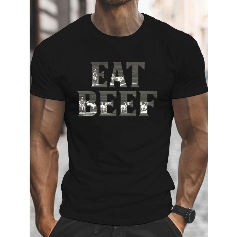 Европейские размеры Мужская летняя футболка - Графический принт EAT BEEF, Повседневная футболка с коротким рукавом для высоких и крупных мужчин, Машинная стирка