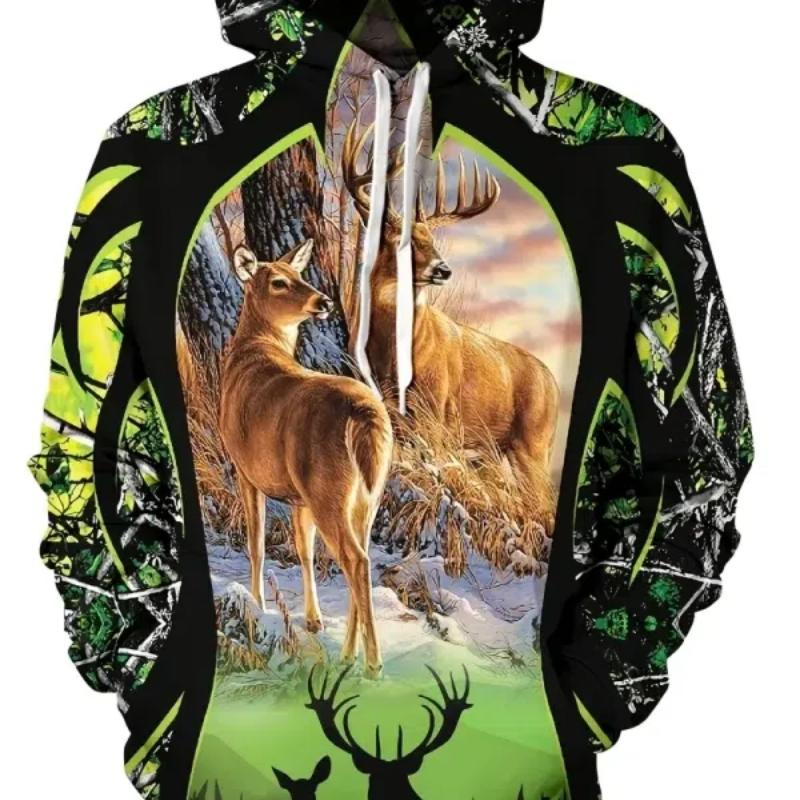 Stylish Deer/Elk Print Men's Hoodie Comfortable 100% Polyester Winter Fall Streetwear