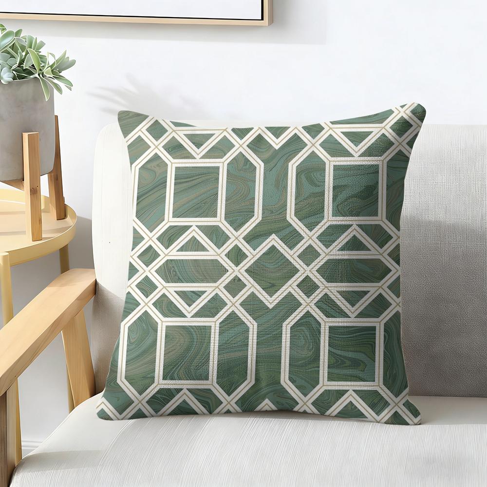 Nordic-Inspired Green Geometric Style Cushion Cover Natural Linen Organic Fabric Printing Breathable Perfect For Home Decor