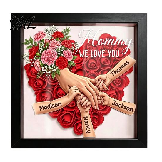 Shatterproof Acrylic Frame Personalized Mommy I Love You Flower Shadow Box Custom Names Holding Hands Gifts for Mom Grandma from Daughter or