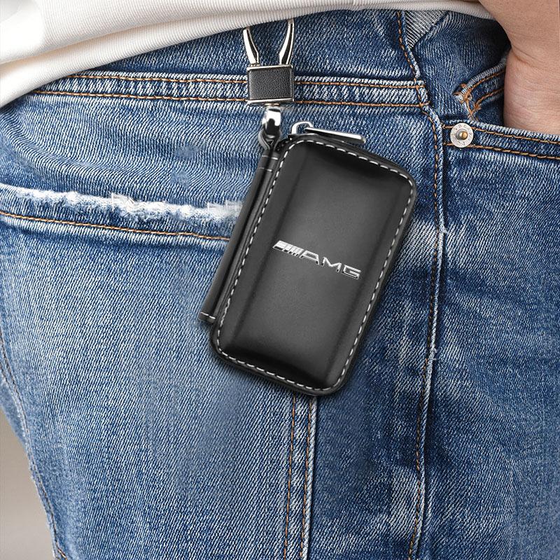 Leather Emblem Car Key Case Keychain Zipper Key Case Bag Car Accessories For Mercedes-Benz AMG C500 C200 C300 A B C E GLA CLA GLK GL ML GLE W204 W205