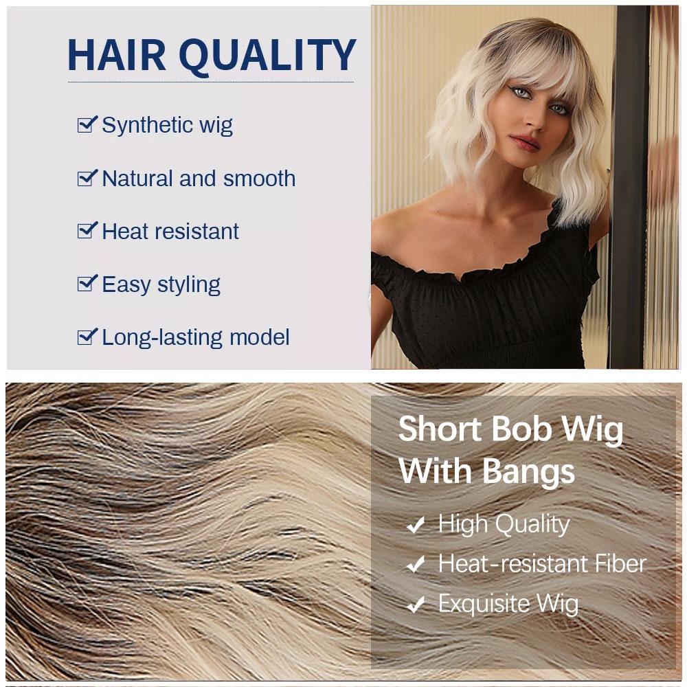 Synthetic Bob Hair Wig with Bangs Ombre Platinum Blonde Cosplay Wigs for Women Short Heat Resistant Female Daily Lolita Wavy Wig