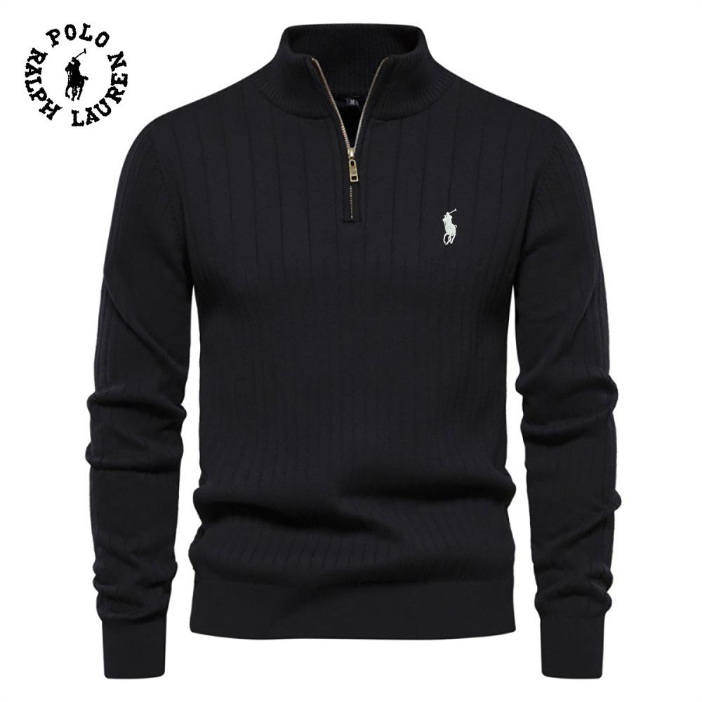 Мужской хлопковый свитер Ralph Lauren с вышивкой, воротником-стойкой, на молнии-поло, однотонный пуловер, высококачественный мужской вязаный свитер