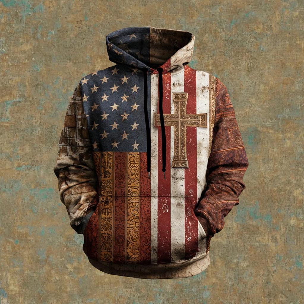Мужское винтажное повседневное худи с крестом и американским флагом, патриотическая футболка