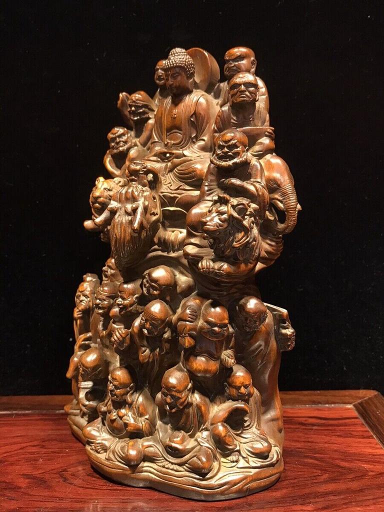Vintage Antique Wooden Buddha Statue Wood Carved Arhat 18 Buddhist Saints Decor