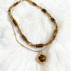 Tiger Eye Beaded Necklace With Steel Pendant Geometric Design For Fashion Casual Wear