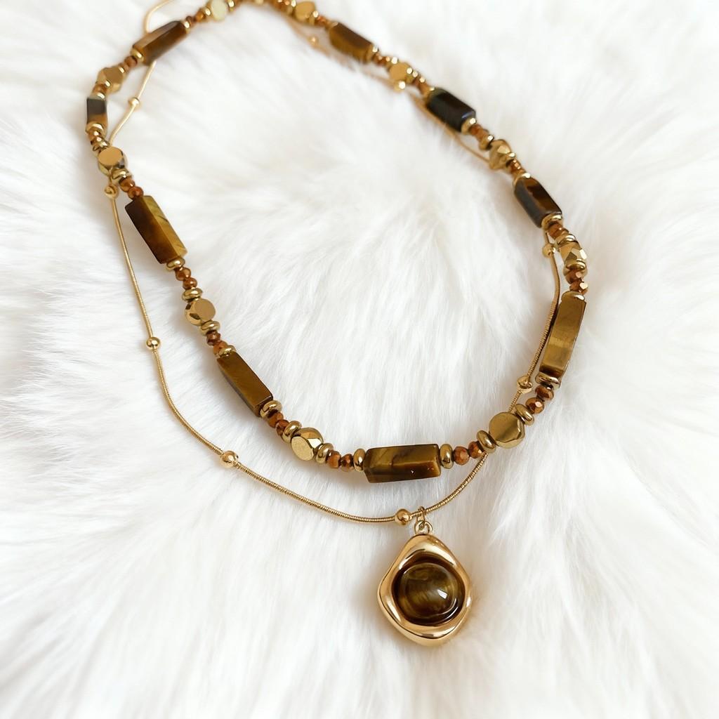 Tiger Eye Beaded Necklace With Steel Pendant Geometric Design For Fashion Casual Wear