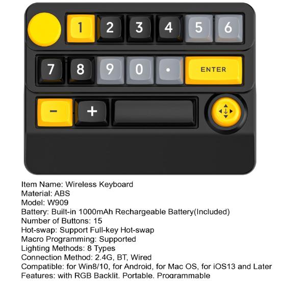 3 Modes Mini Wireless Keyboard with RGB Backlit Macro Programmable 15 Key Hot-swap DIY One Handed Gaming Mechanical Keypad PC Accessories