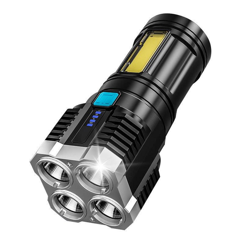 Rechargeable Cross-Border COB LED Flashlight with Four Bright Lights and Long-Range Spotlight.