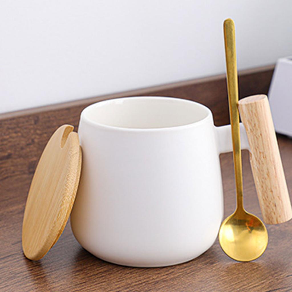 Ceramic Mug Set With Wooden Handle (cup + Lid + Spoon)