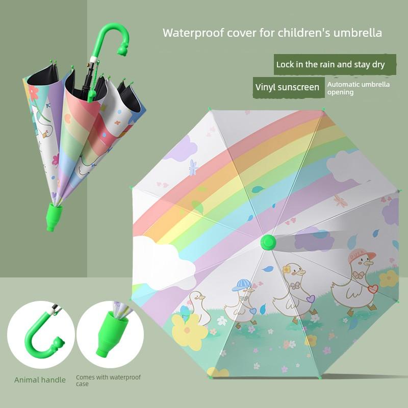 Children's Lightweight Umbrella for Boys and Girls, Kindergarten, Dual-Use for Rain and Sun, with Waterproof Cover, Sun Protection, Long Handle