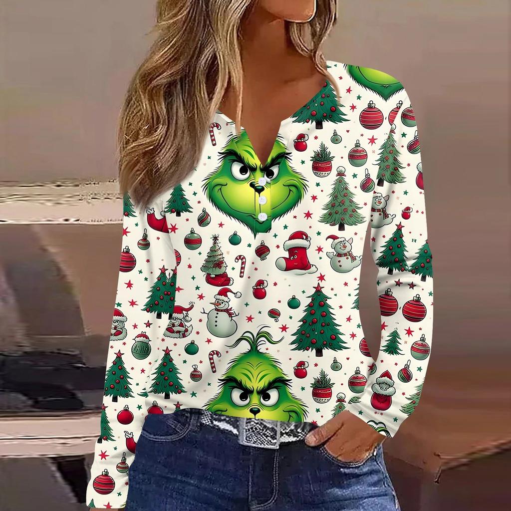 Женская футболка с рождественским принтом на пуговицах с длинным рукавом, повседневная, выходного дня, модная, базовая, с V-образным вырезом, обычная