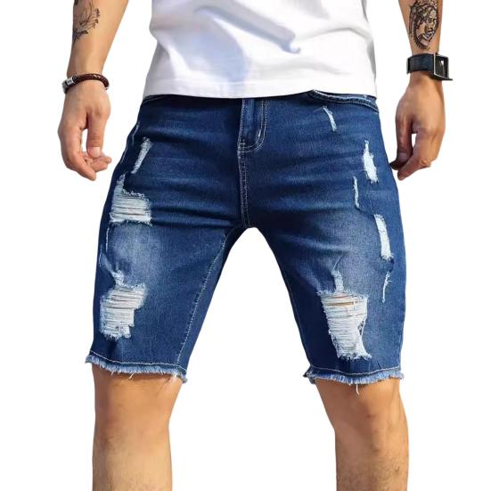 Men Denim Shorts Straight Tapered Legs Ripped Holes Design Knee-Length Shorts Versatile