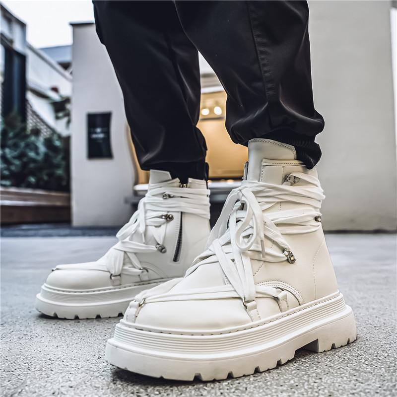 Мода Новые Модные Мотоциклетные Ботинки Мужские Ремни Дизайнерские Мужские Белые Ботинки Уличная Обувь На Платформе Мужские Черные Кожаные Короткие Ботинки-Бочки