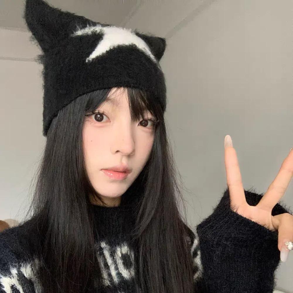 Korean Style Knitted Pullover Hat Star Brimless Beanie Cap Personality Cat Ear Woolen Hat Autumn