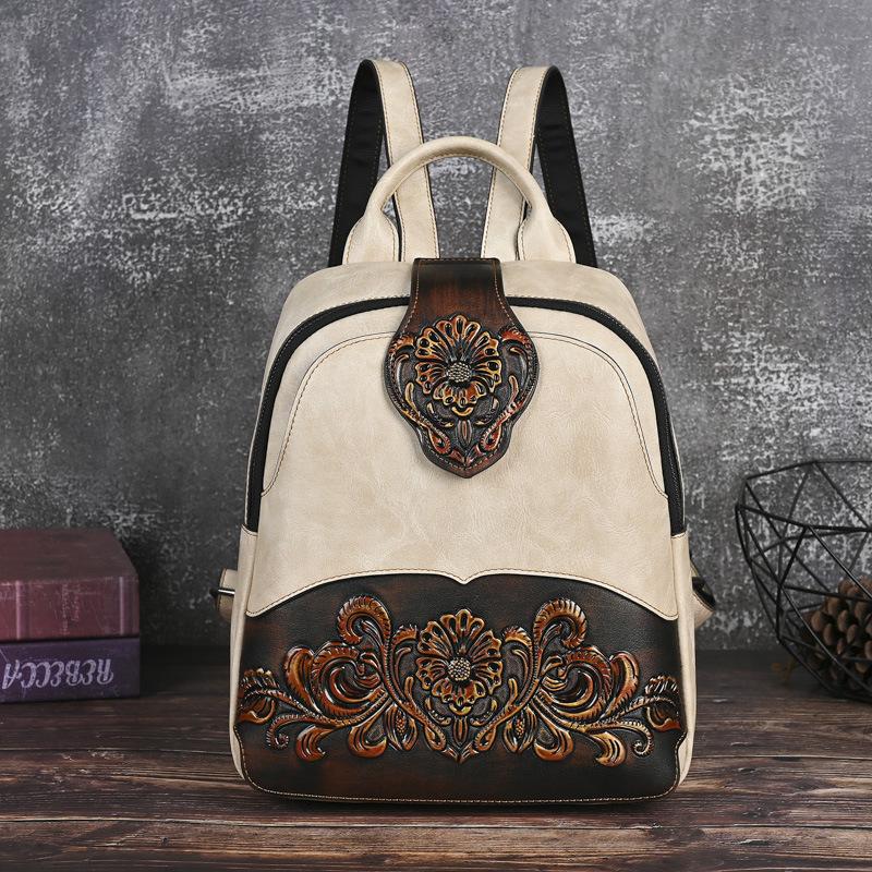 Johnature Embossed Vintage Backpack Versatile Women's Leather Bag Large Capacity Travel Backpacks