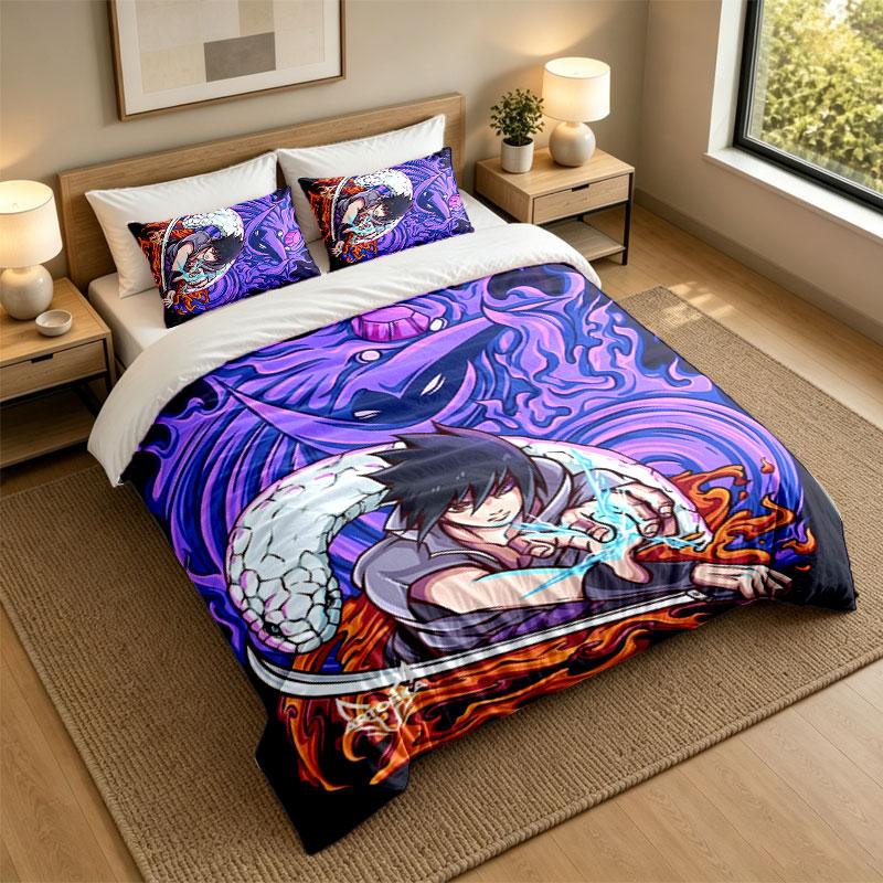 3Pcs Bedding SetSasuke Uchiha Soft Bed Sheet and Two Pillowcases Home Bedroom Decor