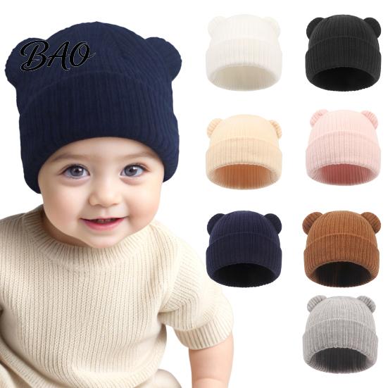 Baby Windproof Headgear for Autumn Knitted Hat, Cute Bear Ear Winter Warm Stretchy Soft Elastic Knit Hat Babies Cozy Skull Cap Newborn Infant Toddler