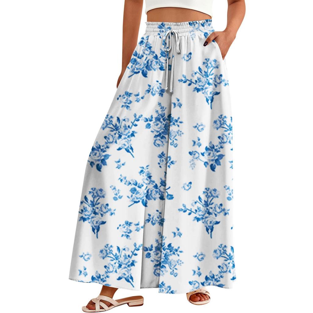Women's Palazzo Pants Boho Floral Wide Leg Trousers Summer Beach High Waisted Flowy Pants With Pockets
