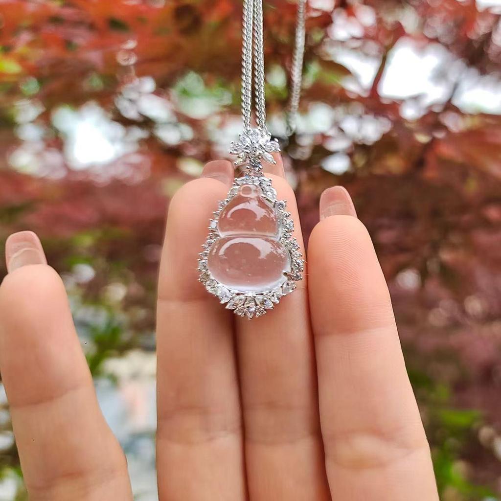 Подвеска-тыква из чистого серебра S925 с натуральным миццонитовым жадеитом - Высокий сорт льда для женщин, с китайским шармом Фу Лу