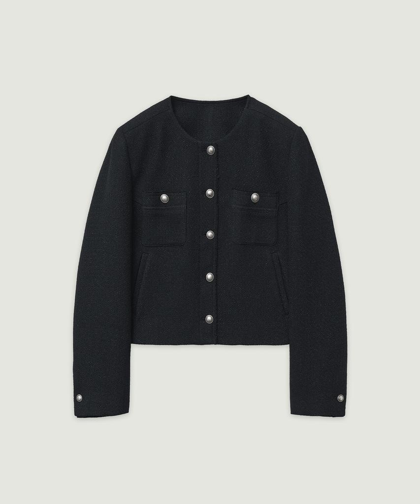 LMOOD WOMEN Tweedy Collarless Button Detail Jacke D Navy