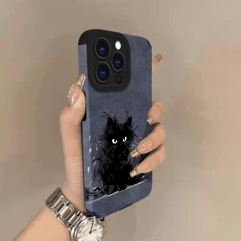 Черный кот Кожаная чехол-книжка для телефона из кожи ягненка Для iPhone 17 Pro Max Air 16 15 14 13 12 11 Pro Max Plus X XS MAX XR Жесткая задняя крышка