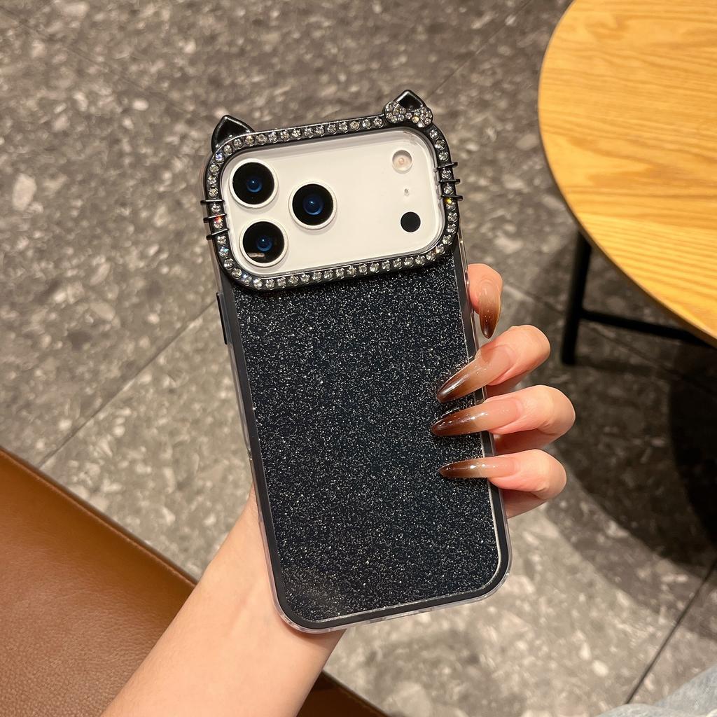 Роскошный Набор Алмазных Кошачьих Ушей Блестящий Чехол 2-в-1 для iPhone 11 12 13 14 15 17 Pro Max 16 Plus Мягкий Бампер Задняя Крышка