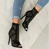 Fashion New Fashion Show Black Net Fabric Cross Strap Sexy High Heel Sandals Woman Shoes Pumps Lace-up Peep Toe Sandals Casual Mesh