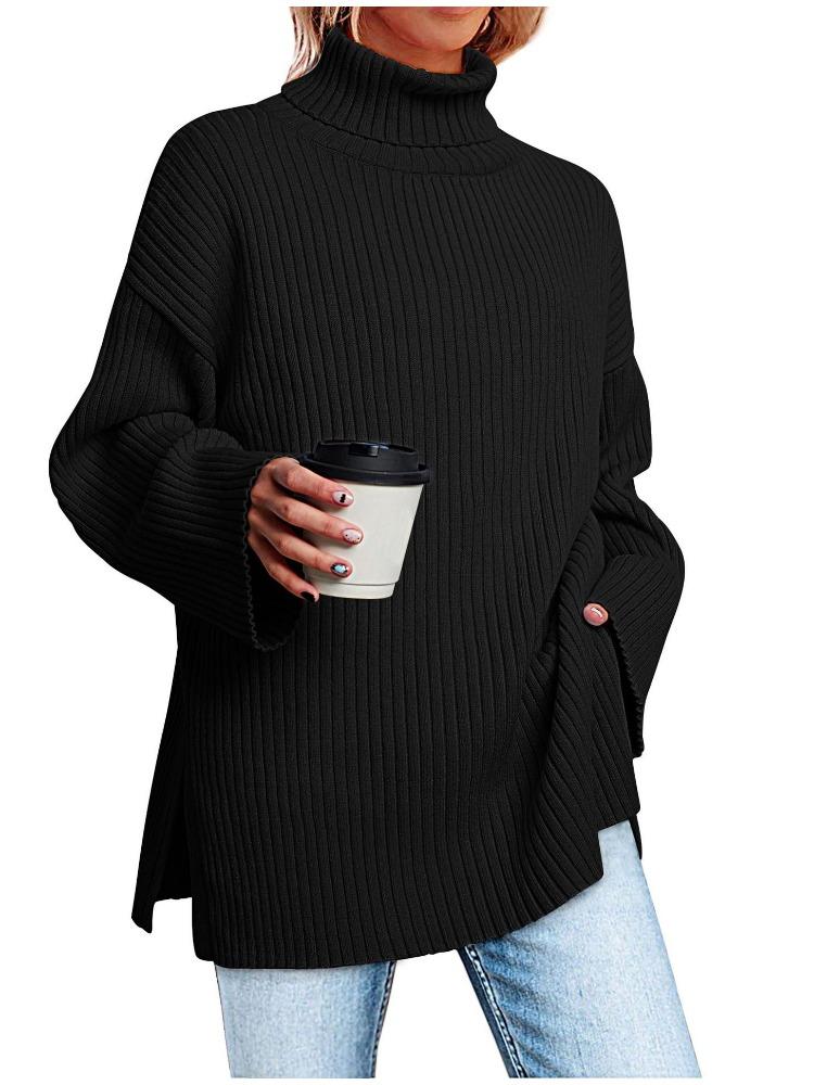 Осень Зима Водолазка Оверсайз Свитер Женский Разрез Длинный Рукав В рубчик Роскошный Расслабленный крой Стройнящий Универсальный Топ