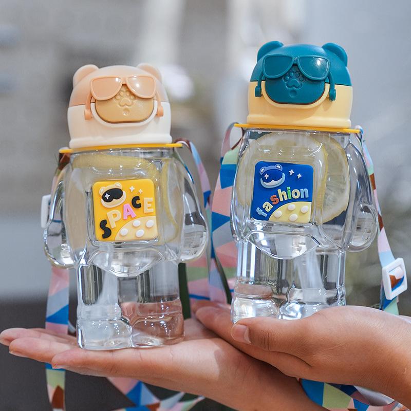 Water bottle new straw cup student children cartoon bear cup portable strap handle sticker plastic cup waterproof and drop resistant