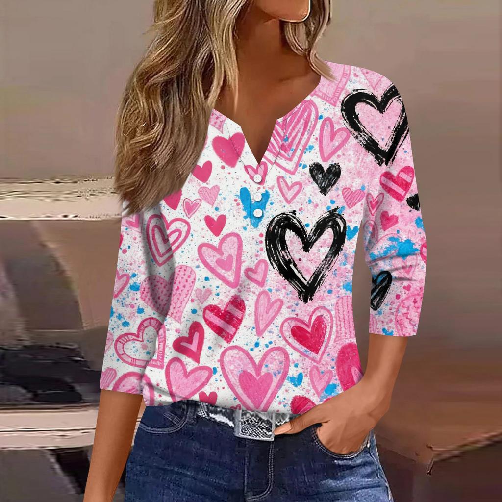 Женская модная рубашка на пуговицах с V-образным вырезом, рукавом три четверти, с принтом ко Дню святого Валентина