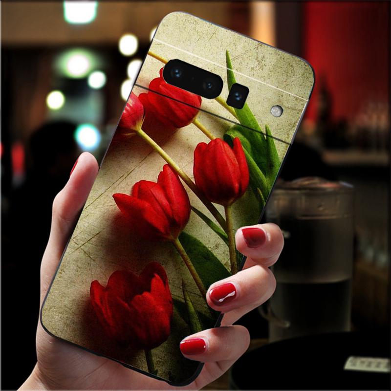 Phone Case For Google Pixel 10 9 Pro XL 9A 8 7 6 Pro Pixel 8A 7A 6A Pixel 8 7 6 5 Tulips flower Red pink purple